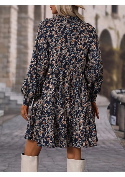 Kadın Uzun Kollu Hakim V Yakalı Desenli Volanlı Süprem Elbise modelleri