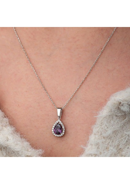 Gümüş Damla Mor Taşlı Kadın Kolye modelleri