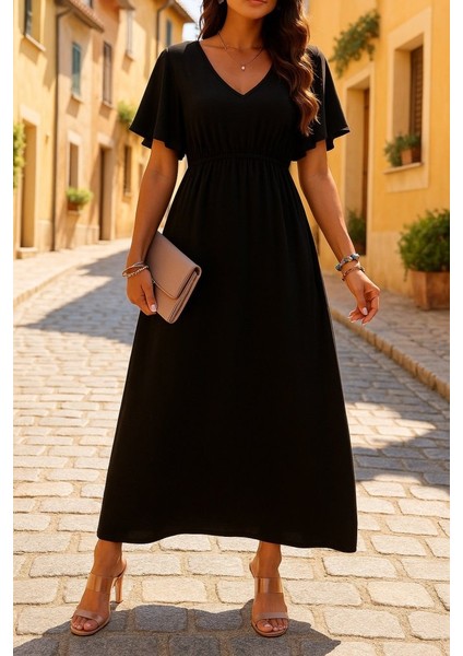 Kadın Kısa Kollu V Yakalı Beli Lastikli Uzun Viskon Elbise