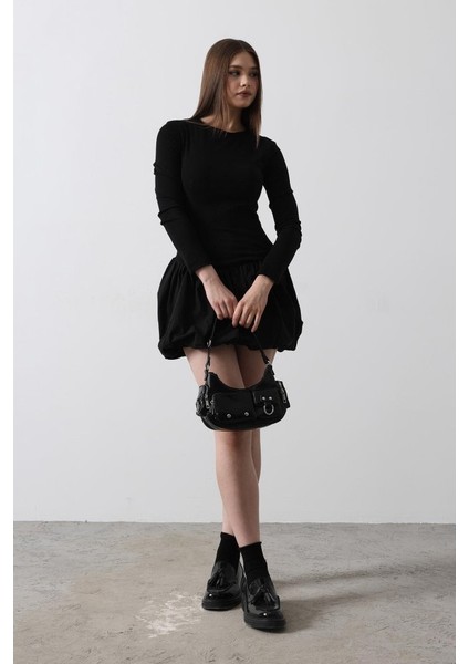 Balon Etekli Elbise - Siyah