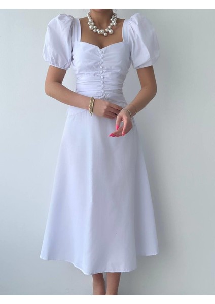 Kare Yaka Düğmeli Elbise fiyatları