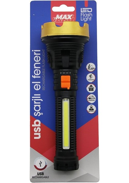ORTA=19CM 2in1= Osl LED - Cob LED USB Şarjlı El Feneri 3-Kademe Işık - Flaşör Şarj Gösterge (4172)