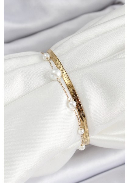 316L Çelik Gold Renk Incili ve Italyan Zincirli Kadın Bileklik fiyatları