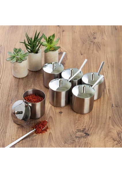 6 Lı Paslanmaz Çelik Çay Kaşıklı Kapaklı Metal Şekerlik Masaüstü Takımı