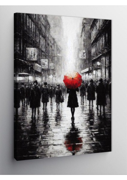 Kanvas Tablo Yağmurlu Şehirde Kırmızı Şemsiye 100 x 140 CNVSDKEY-124576-100-140