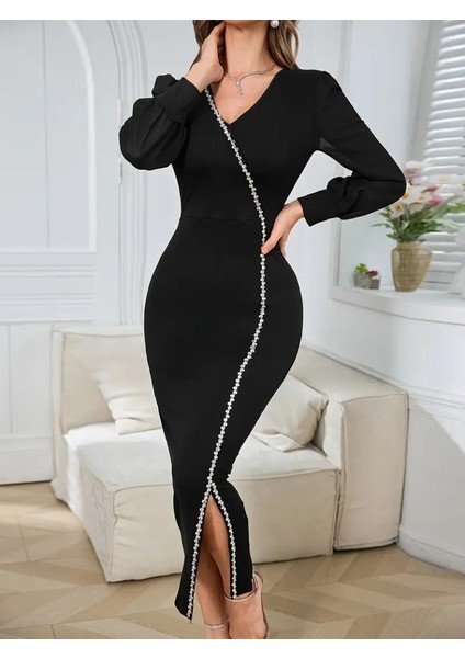 Kadın Uzun Kollu V Yakalı Yırtmaçlı Taşlı Uzun Ithal Krep Elbise