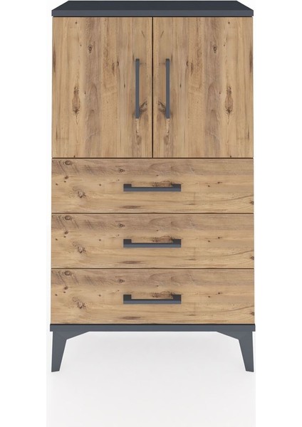 Arges Komodin 2 Raflı 3 Çekmeceli 2 Kapaklı 60X30X106 Antrasit-Çam