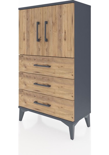 Arges Komodin 2 Raflı 3 Çekmeceli 2 Kapaklı 60X30X106 Antrasit-Çam indirimleri
