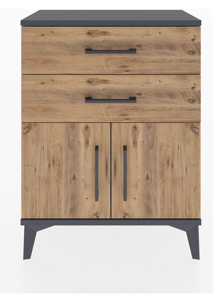 Arges Komodin Tek Raflı 2 Çekmeceli 2 Kapaklı 60X30X80 Antrasit-Çam