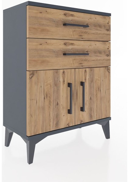 Arges Komodin Tek Raflı 2 Çekmeceli 2 Kapaklı 60X30X80 Antrasit-Çam fiyatları