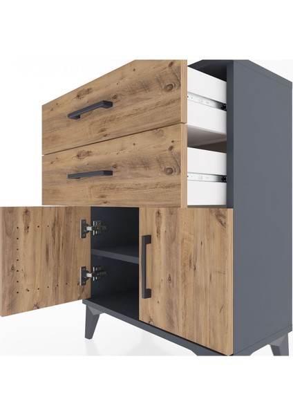 Arges Komodin Tek Raflı 2 Çekmeceli 2 Kapaklı 60X30X80 Antrasit-Çam indirimleri