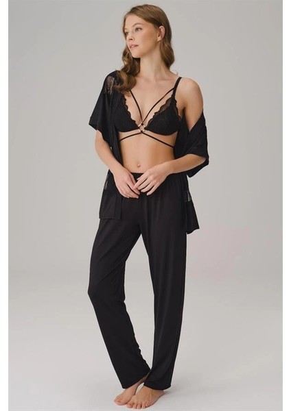 Amorasecret Amorasecret Ip Askılı V Yaka Düz Yazlık Uzun Dantel Detaylı Pijama Takımı Sabahlık