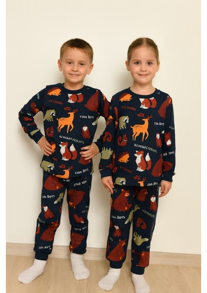 Kız Erkek Çocuk Desenli Pamuklu Rahat Pijama Takımı - 1040