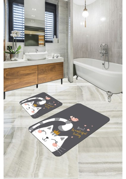 Şık Gri Banyo Halısı ve Klozet Takımı 2'li Paspas Seti 60X90CM ve 60X60CM