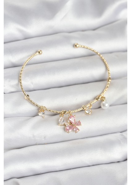 Pembe Kelebek Charmlı Gold Renk Kadın Bileklik - TJ-BB8031
