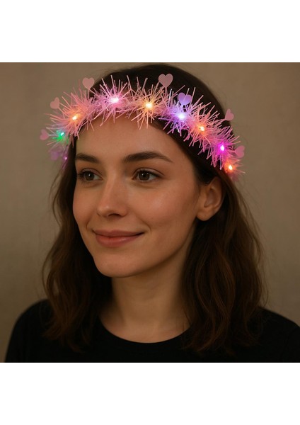 Kalp Püsküllü Gece Parıltısı 3 Modlu Led&apos;li Işıklı Taç Pembe Renk (5067)