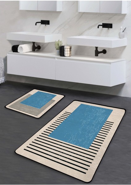 Yıkanabilir 2’li, Kaymaz Taban, Tablo Desenli, Mavi ve Turuncu Banyo Paspasları