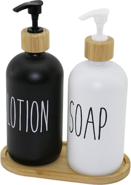 2&apos;li Cam Sıvı Sabunluk ve Losyonluk Seti - Bambu Kapaklı ve Altlıklı - 500ML Siyah & Beyaz Pompalı Şişe - Mutfak ve Için Deterjanlık ve Sabunluk - Modern Şık Tasarım
