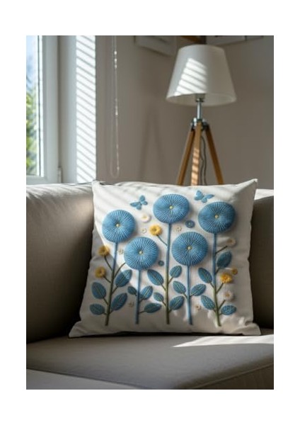 Mavi Çiçek ve Kelebek Desenli Dekoratif Kırlent Kılıfı, 43X43 Cm, 2&apos;li Set, Fermuarlı modelleri