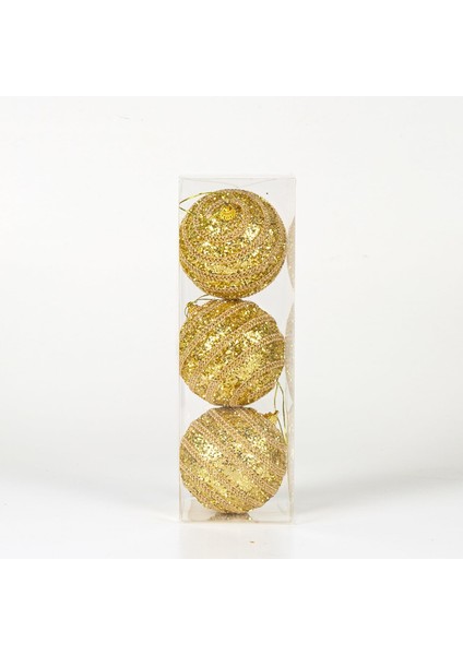 Simli Yılbaşı Topu 3&apos;lü Paket Dore 8x8 Cm.