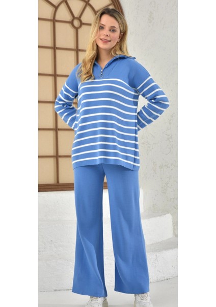 Kadın Kazak Yaka Fermuarlı Pantolon 2'li Set Takım Çizgili Pantolonlu Kazak ve Pantolon Saks - 214550