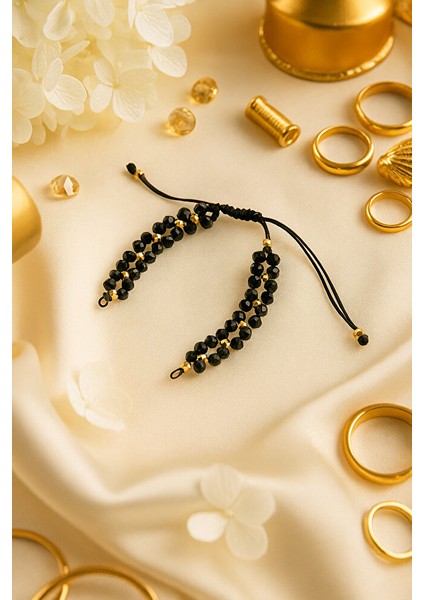 Siyah Kristal Boncuklu Ayarlanabilir Bileklik – Ortasına Aparat Takılabilir Model