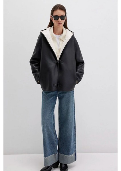 Kadın Oversize Siyah Suni Deri Ceket