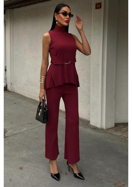 Rose Dik Yaka Fitilli Takım -Bordo