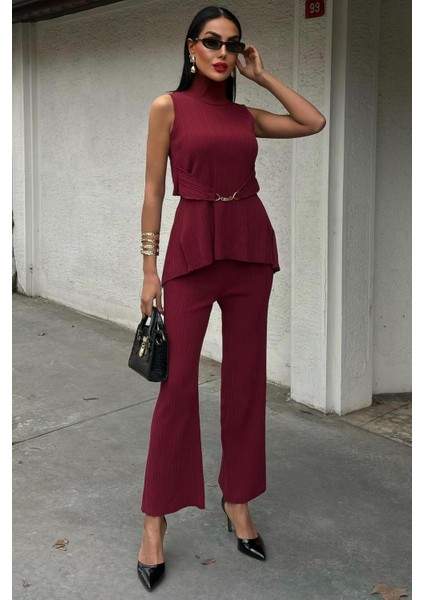 Rose Dik Yaka Fitilli Takım -Bordo