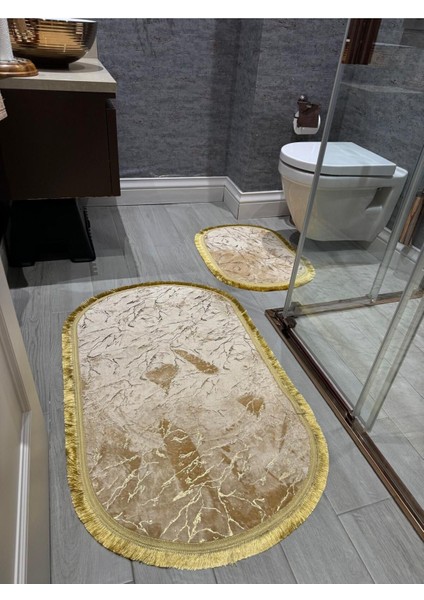 Kahverengi, Simli Bambu, Kaymaz Deri Taban, Oval Tasarım, 2'li Banyo Paspas Seti