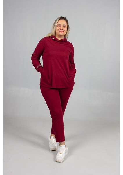 Bordo Taş Işıltılı Kapşonlu Büyük Beden Eşofman Takımı