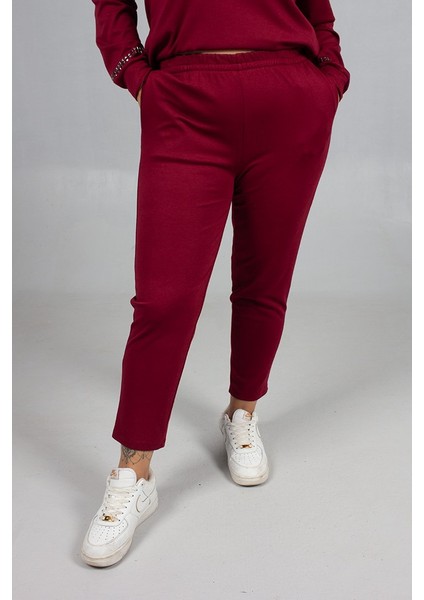 Bordo Taş Işıltılı Kapşonlu Büyük Beden Eşofman Takımı fiyatları