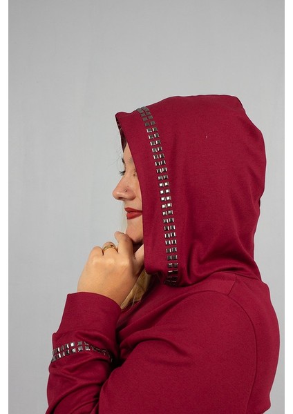 Bordo Taş Işıltılı Kapşonlu Büyük Beden Eşofman Takımı modelleri