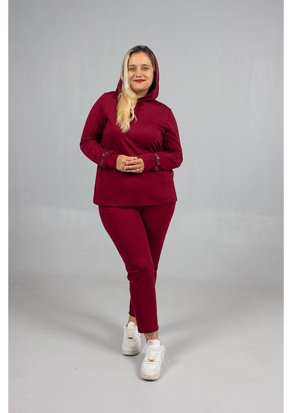 Bordo Taş Işıltılı Kapşonlu Büyük Beden Eşofman Takımı fırsatları