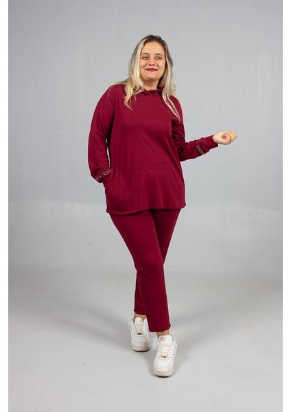 Bordo Taş Işıltılı Kapşonlu Büyük Beden Eşofman Takımı indirimleri
