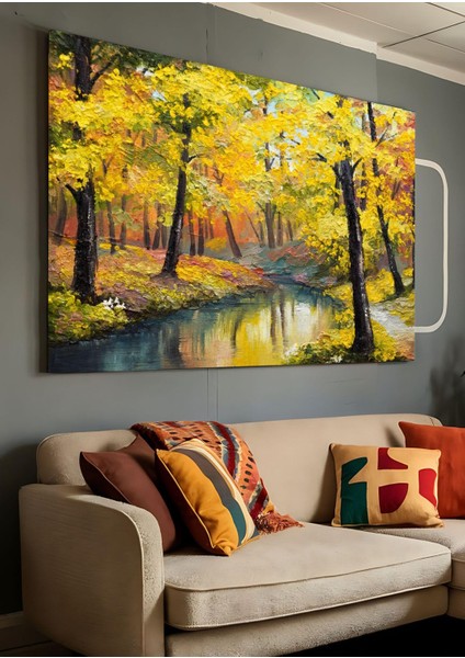 Kanvas Tablo Göl Kenarı Sonbahar Yaprakları Yağlı Boya Görünümlü Dekoratıf Kanvas Tablo 30 x 40