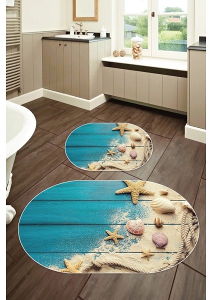 Kaymaz-Dot Taban Yıkanabilir Paspas 50X60/60X100 Cm, 2'li Set, Mavi