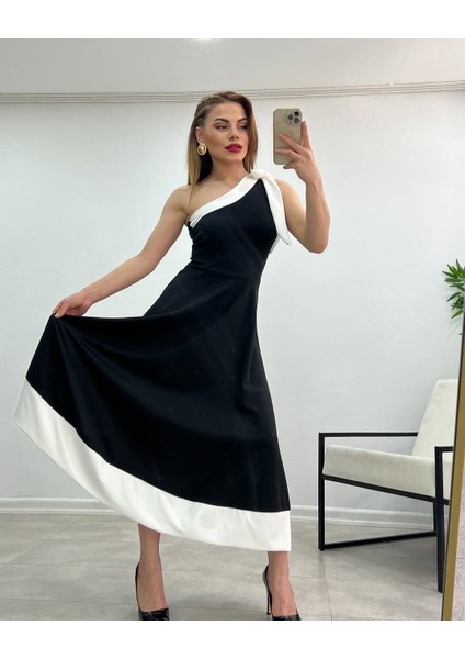 Kadın Tek Omuzu Açık Omuzlardan Kurdela Detaylı Çift Renkli Ithal Krep Elbise