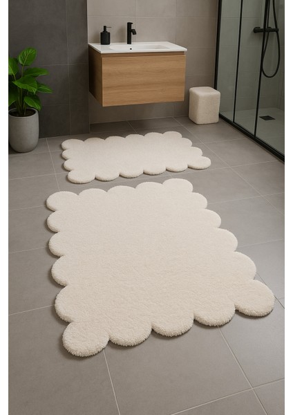 Yumuşak Ekru Banyo Paspası, Papatya Şekilli Ikili Klozet Takımı 80X120 ve 50X80