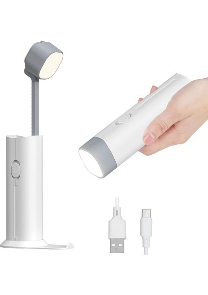LED Çalışma Masası Lambası, 3 Parlaklık Kademesi, Cep Telefonu Tutuculu Komodin Okuma Lambası, Dış Mekan Acil Lambası, USB Şarj Bağlantılı Yatak Odası, Kamp, Ofis Için (Beyaz-1)