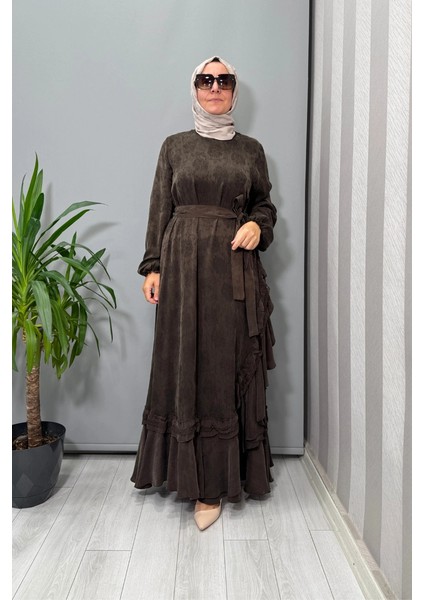 Cupro Dantel Detaylı Elbise Kahve 38806