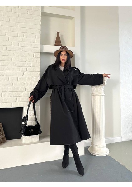 Kadın Siyah Uzun Trençkot Cepli Kuşaklı Rüzgar Kapaklı Yeni Sezon Dış Giyim