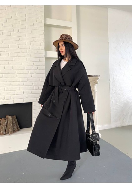 Kadın Siyah Uzun Trençkot Cepli Kuşaklı Rüzgar Kapaklı Yeni Sezon Dış Giyim fiyatları