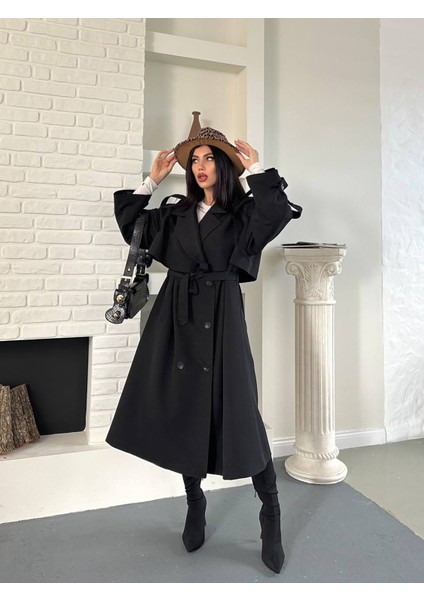Kadın Siyah Uzun Trençkot Cepli Kuşaklı Rüzgar Kapaklı Yeni Sezon Dış Giyim modelleri