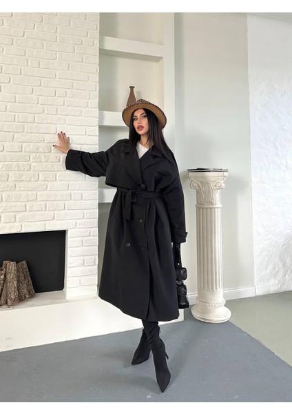 Kadın Siyah Uzun Trençkot Cepli Kuşaklı Rüzgar Kapaklı Yeni Sezon Dış Giyim fırsatları