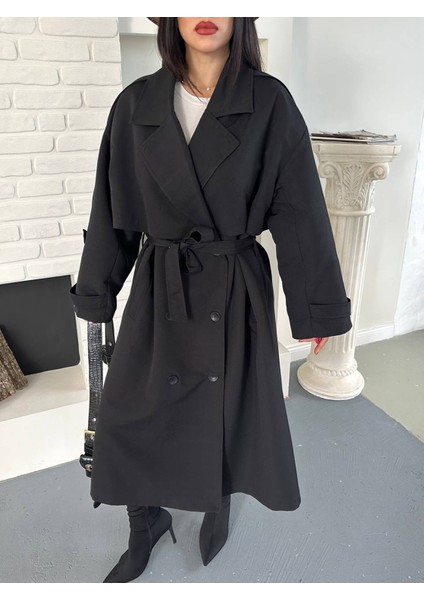 Kadın Siyah Uzun Trençkot Cepli Kuşaklı Rüzgar Kapaklı Yeni Sezon Dış Giyim indirimleri