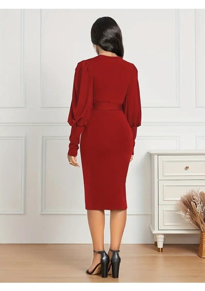 Kadın Uzun Kollu Bisiklet Yaka Beli Kuşaklı Ithal Krep Midi Elbise modelleri