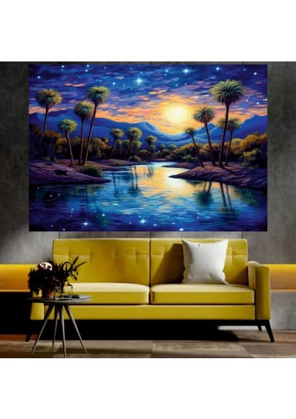 Palmiye Ağaçları ve Göl Manzaralı Sanatsal Dekoratif Duvar Tablosu (70X100 Cm)