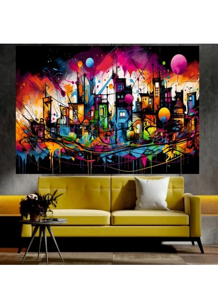 Renkli Şehir Manzaralı Sanatsal Dekoratif Duvar Tablosu (70X100 Cm)