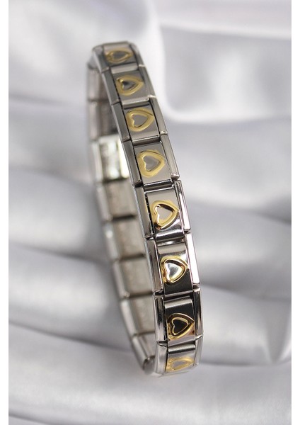 Bfs 316L Çelik Gümüş Renk Gold Kalp Işleme Nomination Model Kadın Bileklik